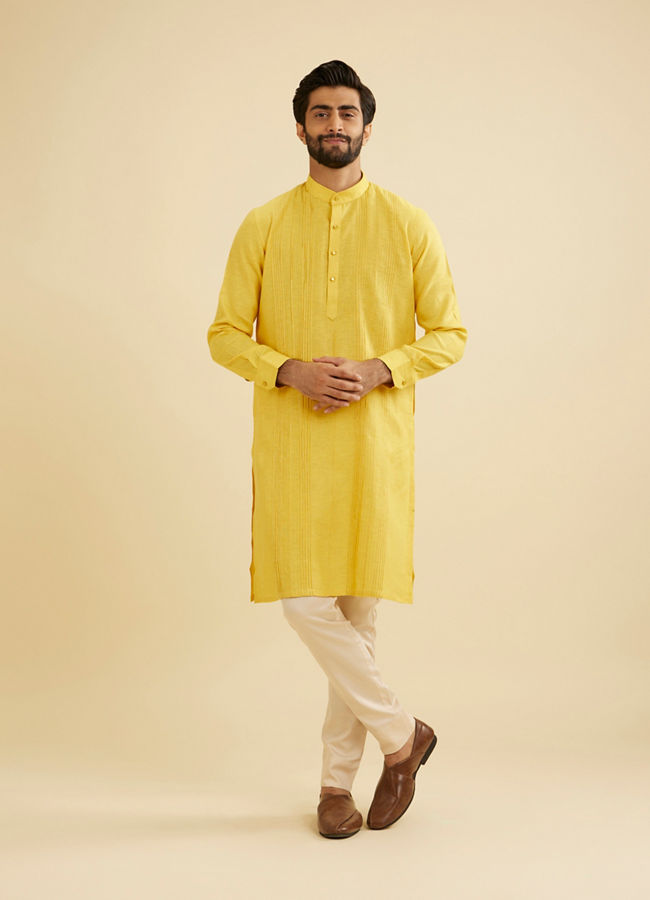 Manyavar Men Sunshine Yellow Self Striped Texture Kurta