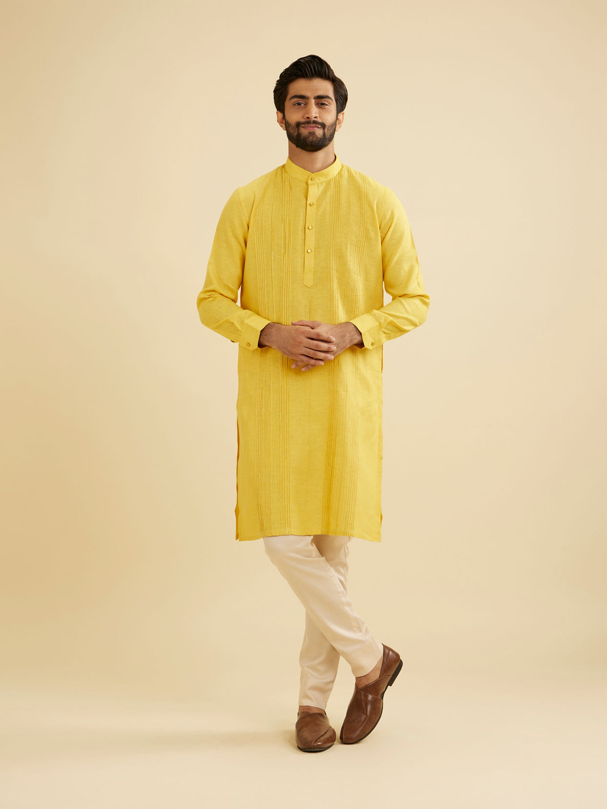 Manyavar Men Sunshine Yellow Self Striped Texture Kurta