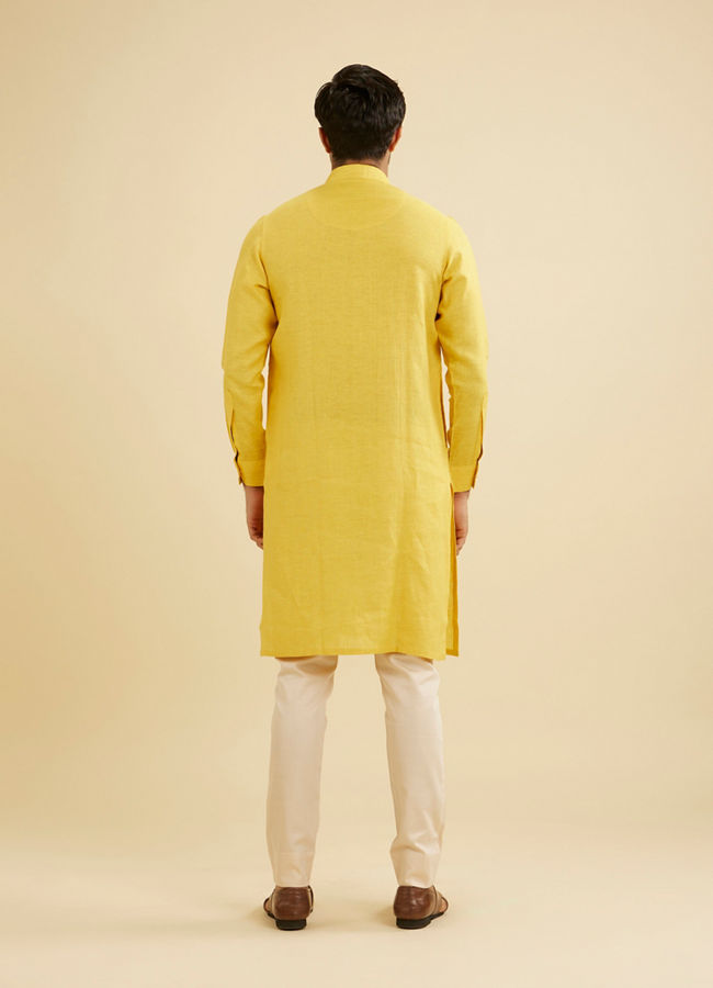 Manyavar Men Sunshine Yellow Linen Kurta image number 4