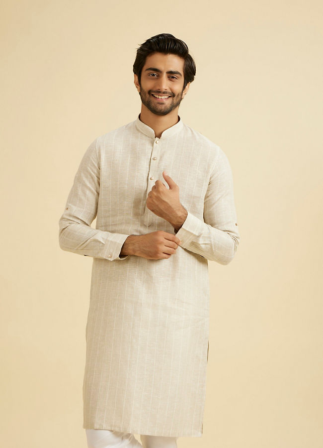 Manyavar Men Elegant Beige Linen Kurta