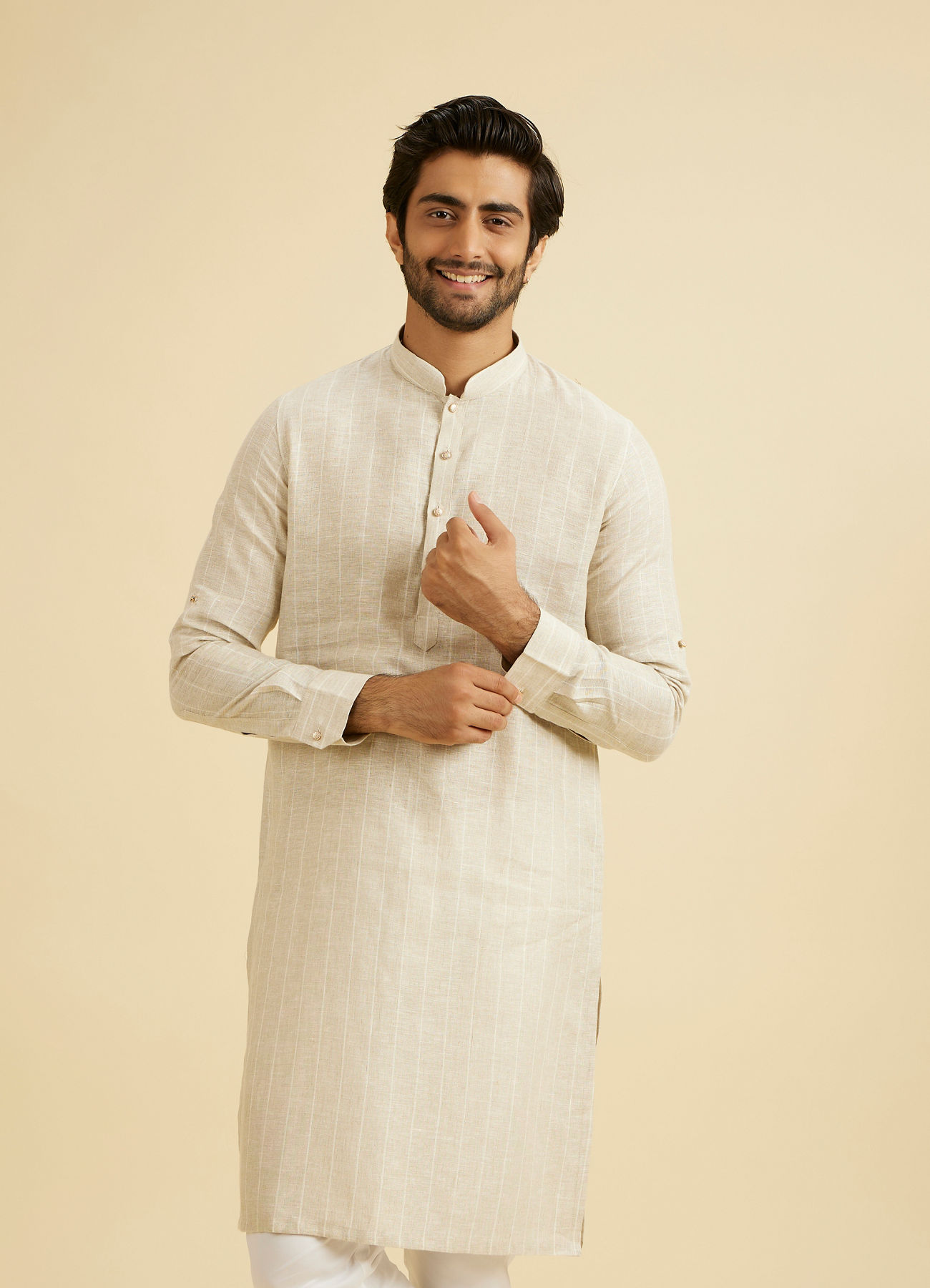 Manyavar Men Elegant Beige Linen Kurta