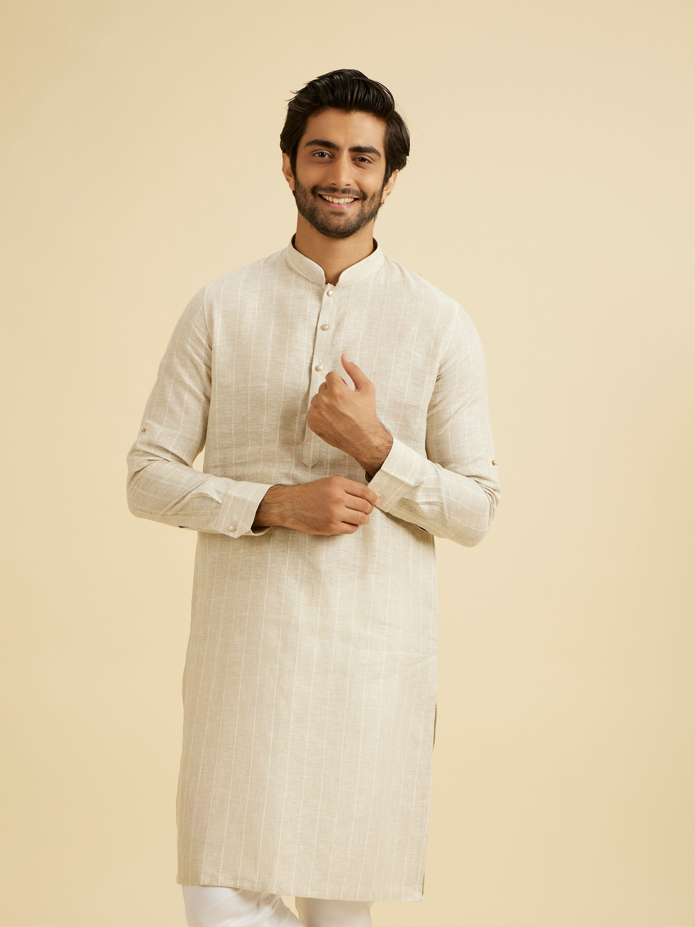 Manyavar Men Elegant Beige Linen Kurta