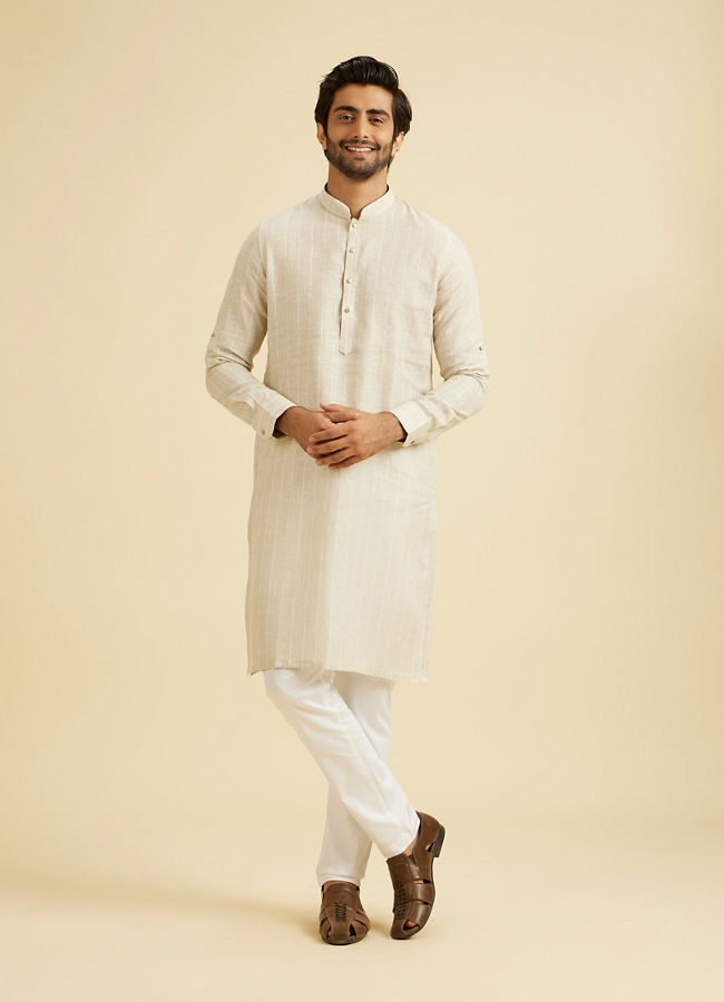 Manyavar Men Elegant Beige Linen Kurta