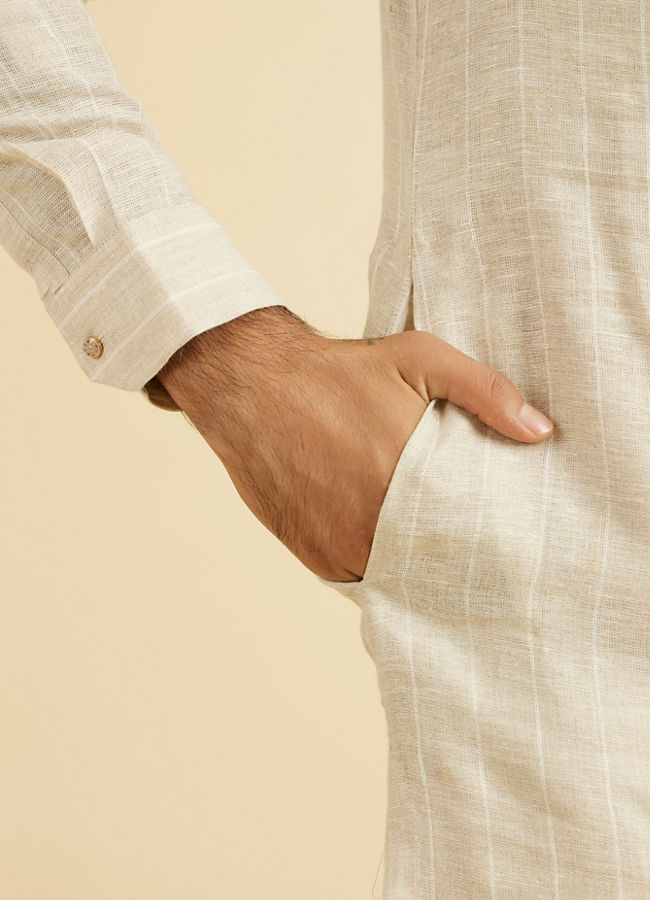 Manyavar Men Elegant Beige Linen Kurta