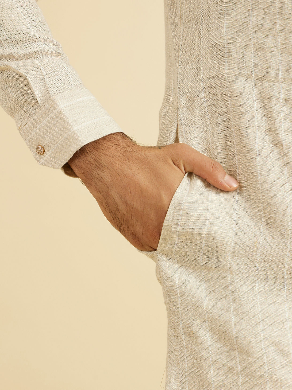 Manyavar Men Elegant Beige Linen Kurta