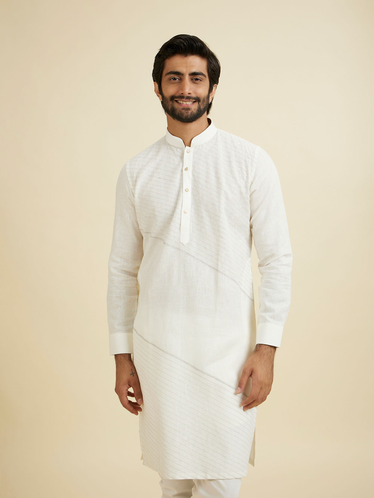 Manyavar Men Exquisite Cream Linen Kurta