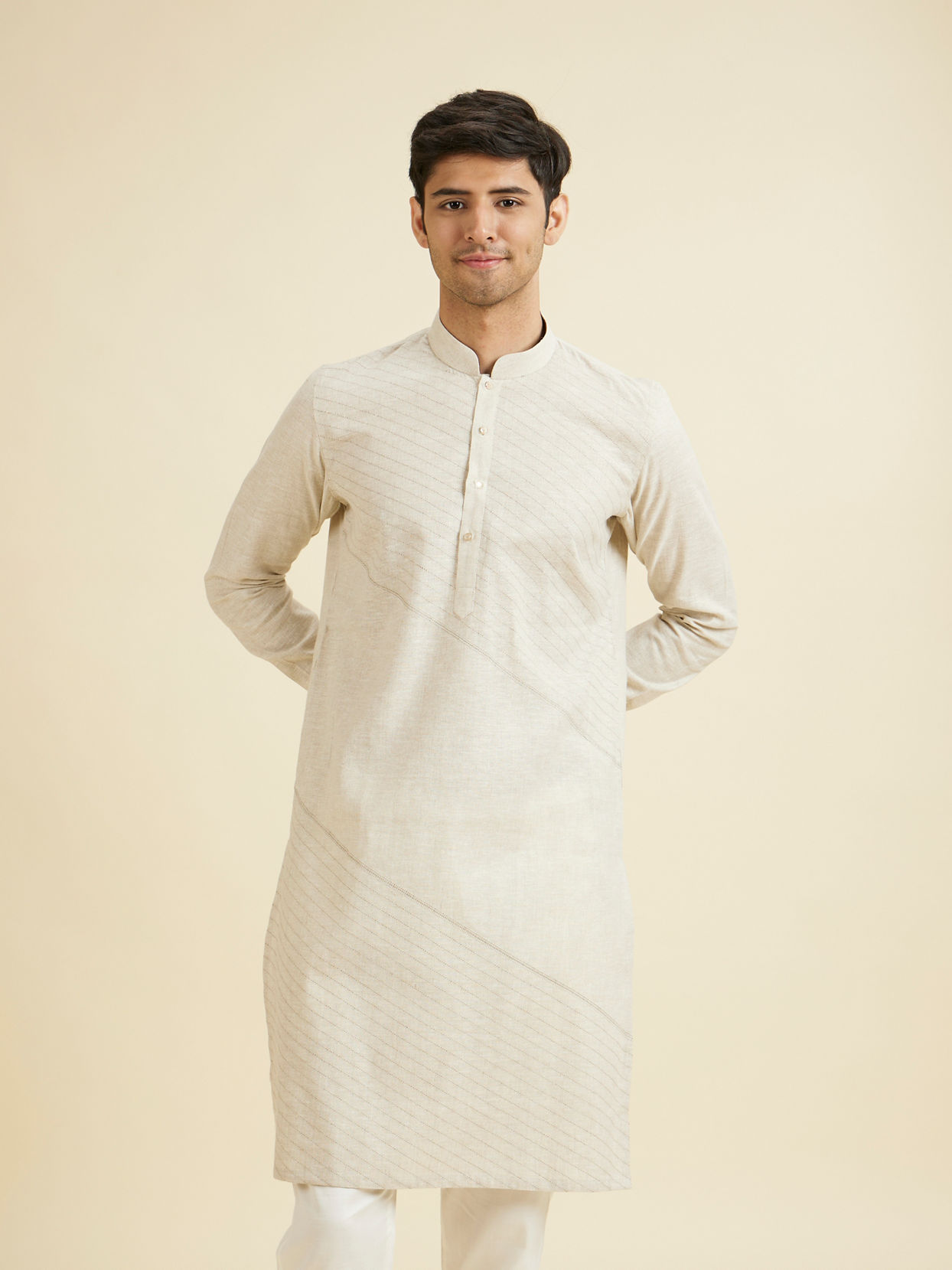 Manyavar Men Beige Linen Kurta