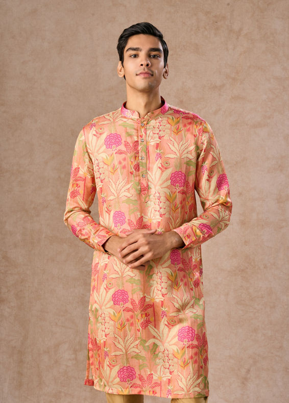 Manyavar Men Peach Satin Elegance Kurta
