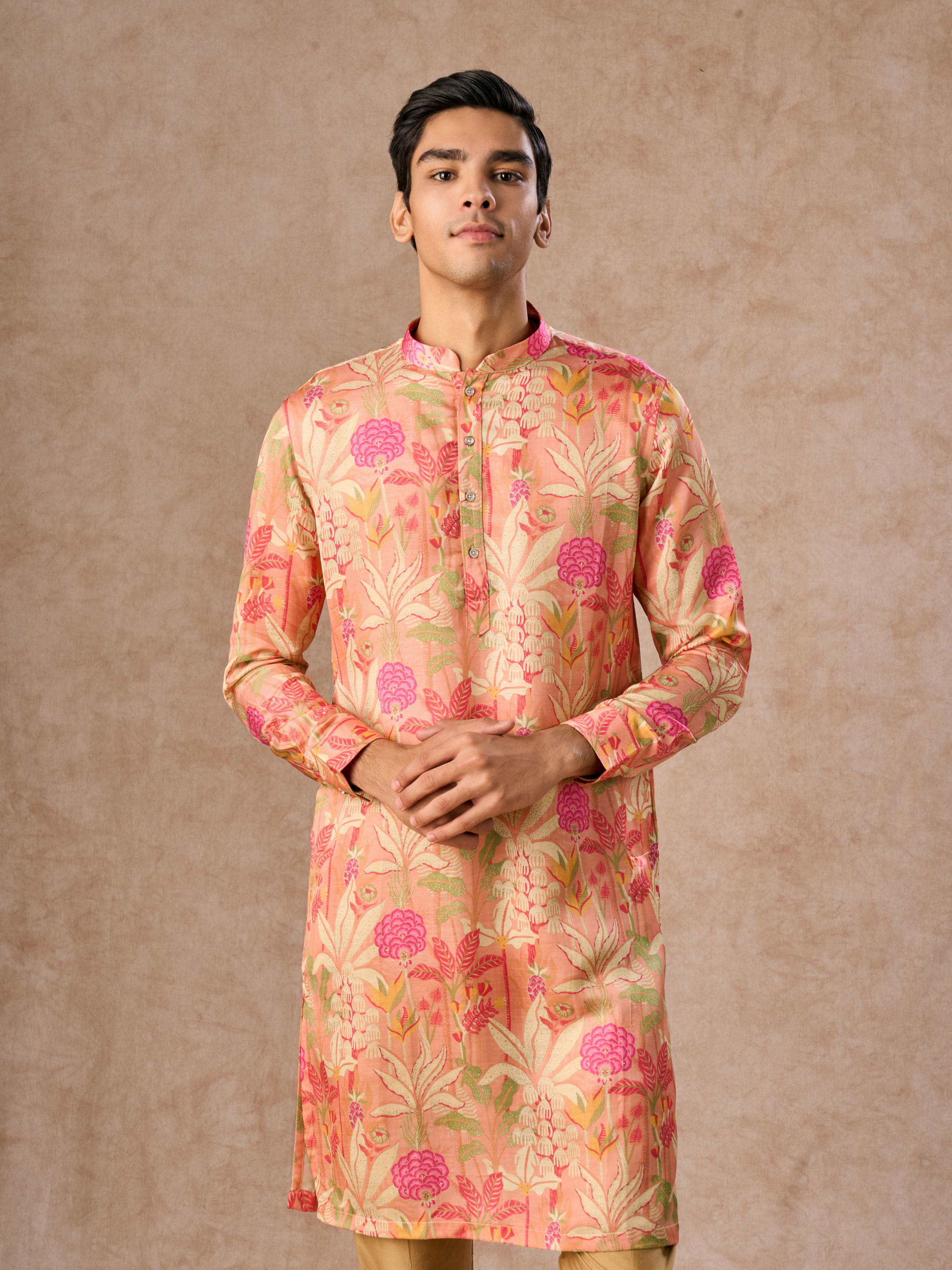 Manyavar Men Peach Satin Elegance Kurta