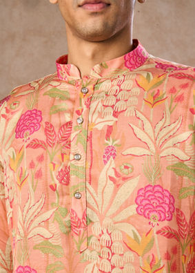 Manyavar Men Peach Satin Elegance Kurta