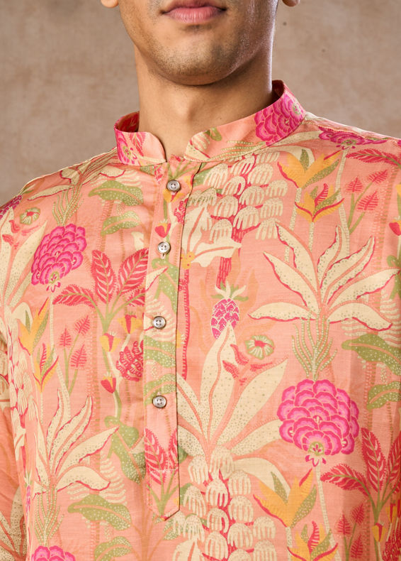 Manyavar Men Peach Satin Elegance Kurta