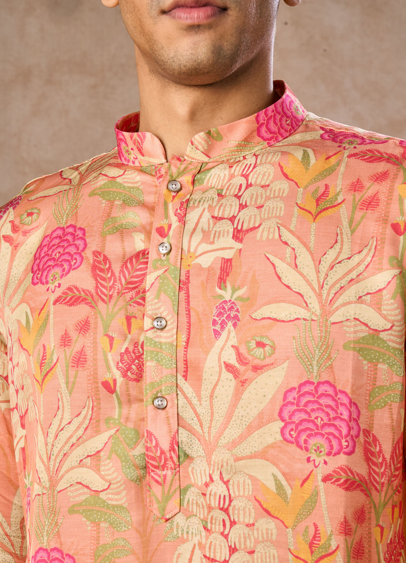 Manyavar Men Peach Satin Elegance Kurta
