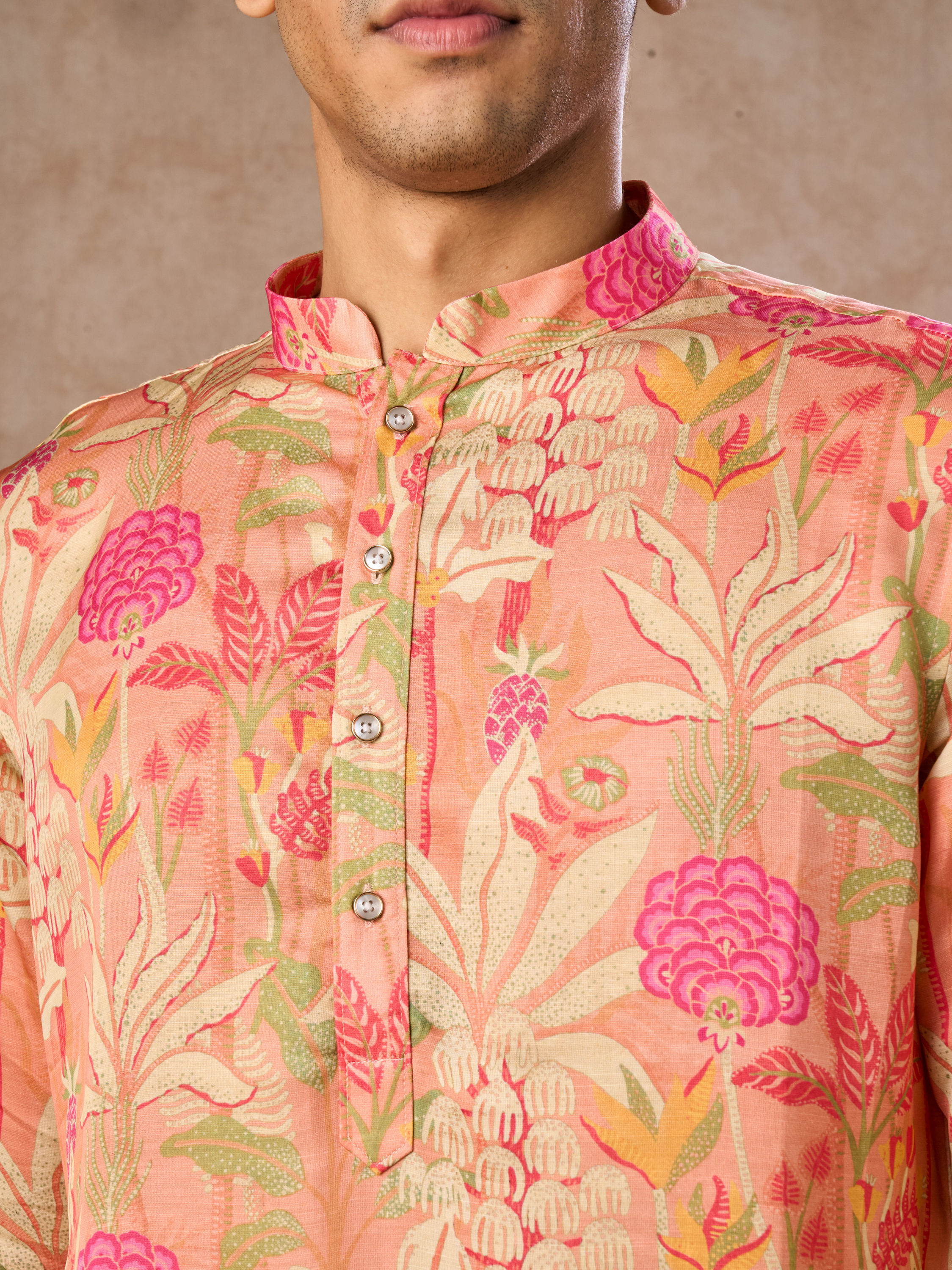 Manyavar Men Peach Satin Elegance Kurta