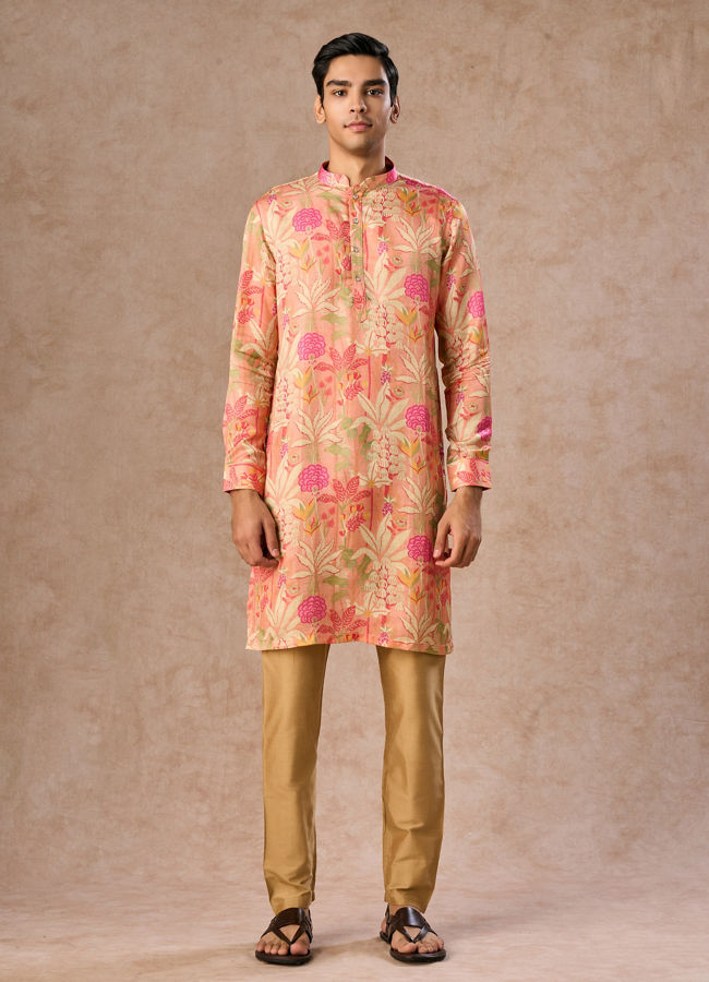 Manyavar Men Peach Satin Elegance Kurta