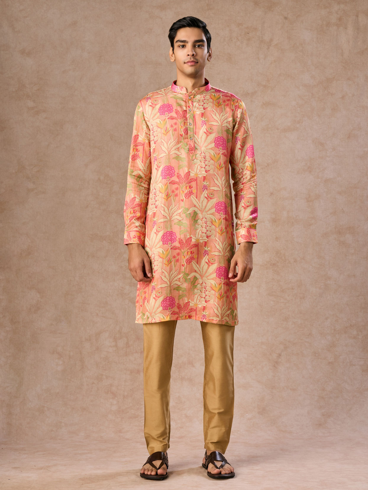 Manyavar Men Peach Satin Elegance Kurta