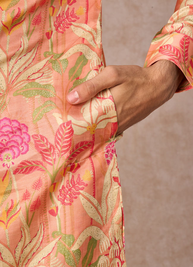Manyavar Men Peach Satin Elegance Kurta