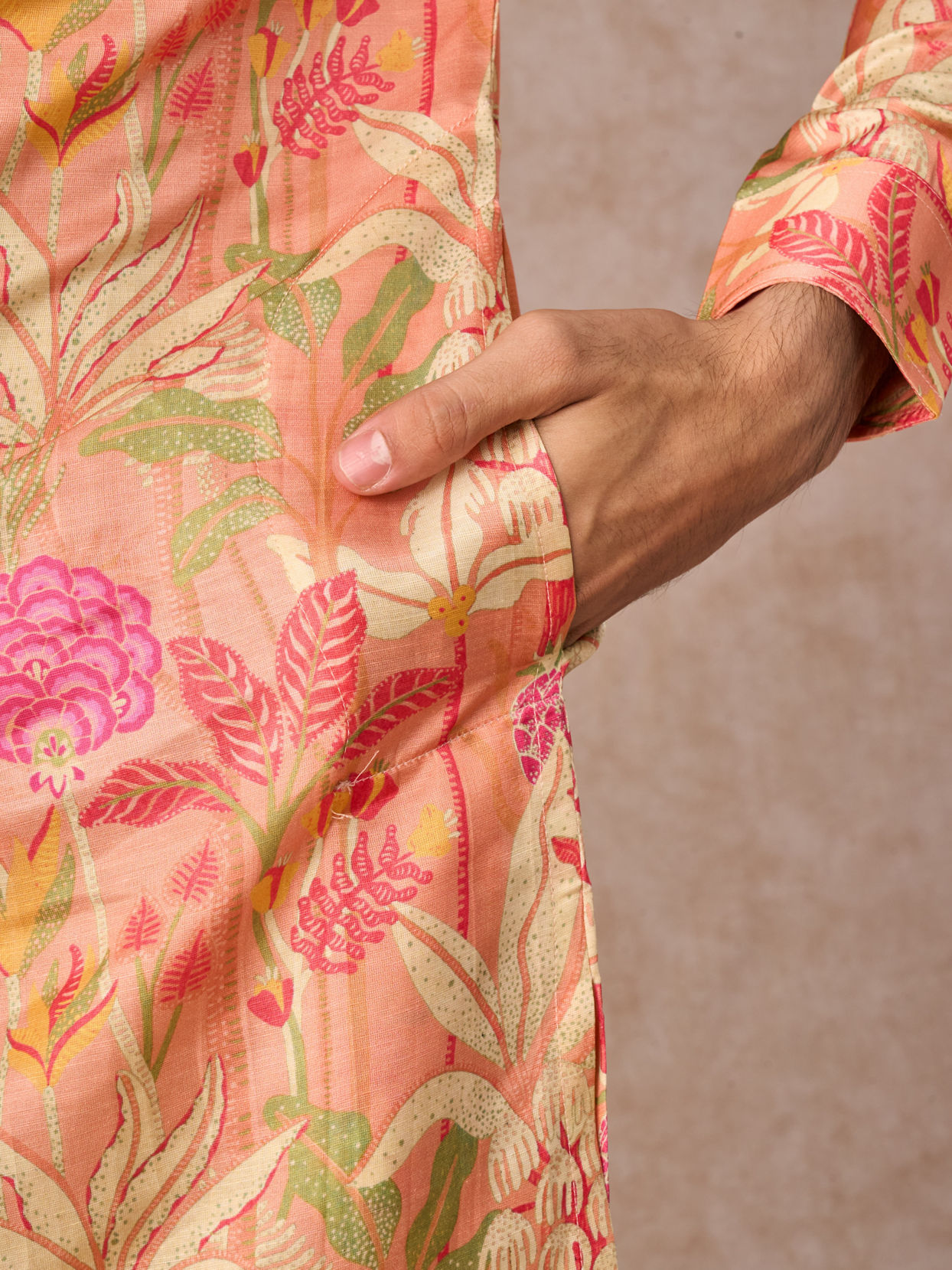 Manyavar Men Peach Satin Elegance Kurta