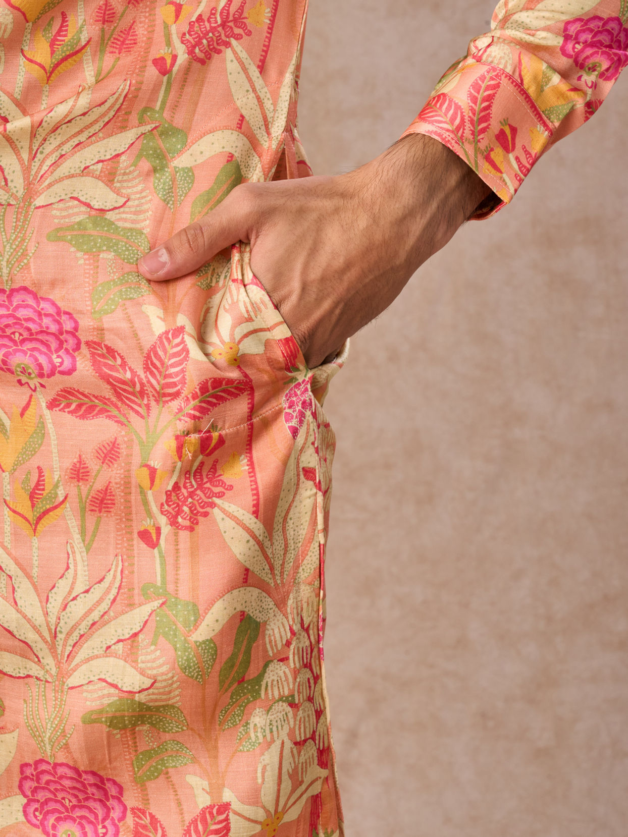 Manyavar Men Peach Satin Elegance Kurta