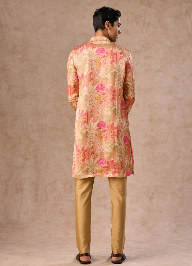 Manyavar Men Peach Satin Elegance Kurta