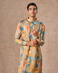 Manyavar Men Radiant Mustard Greyish Blue Satin Kurta