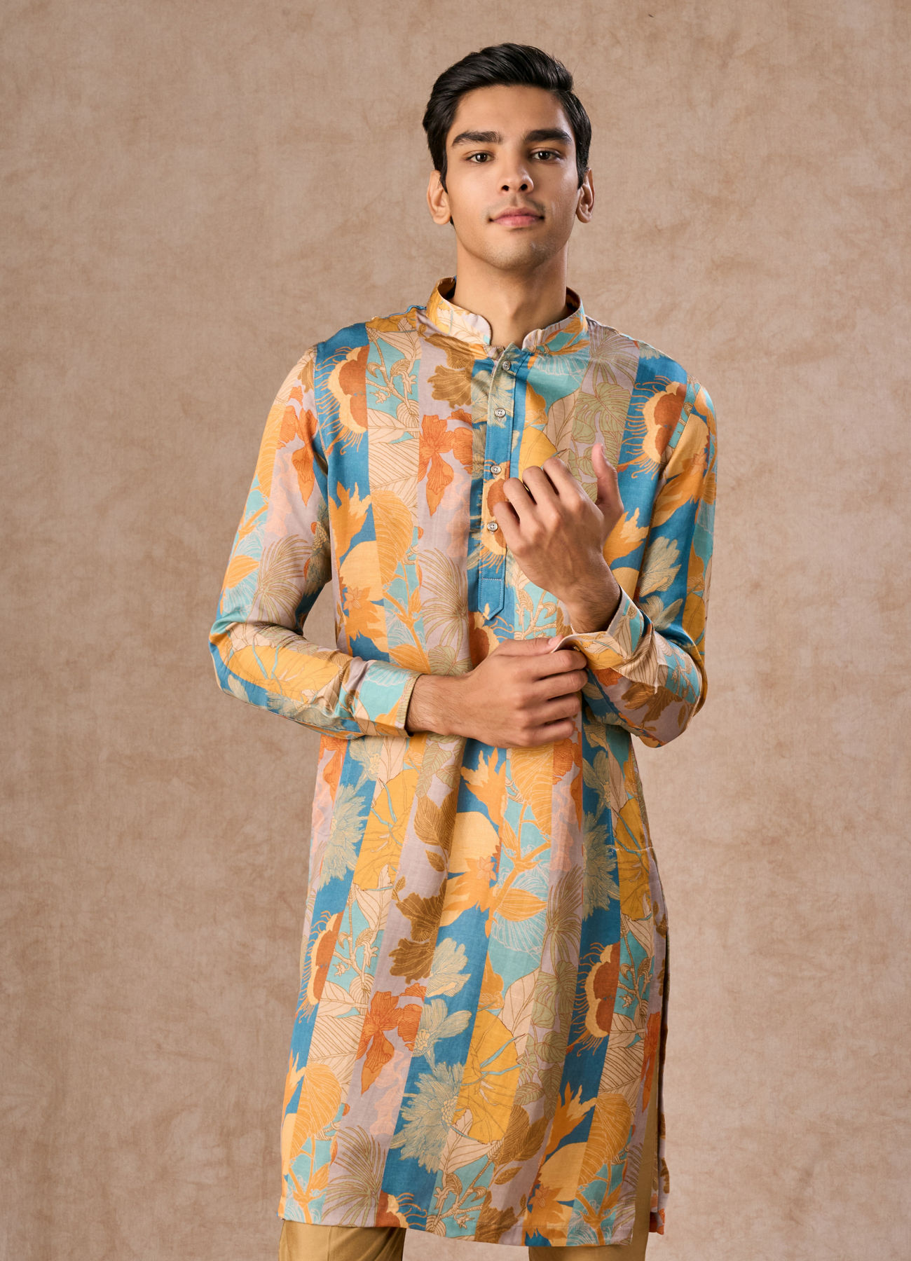 Manyavar Men Radiant Mustard Greyish Blue Satin Kurta