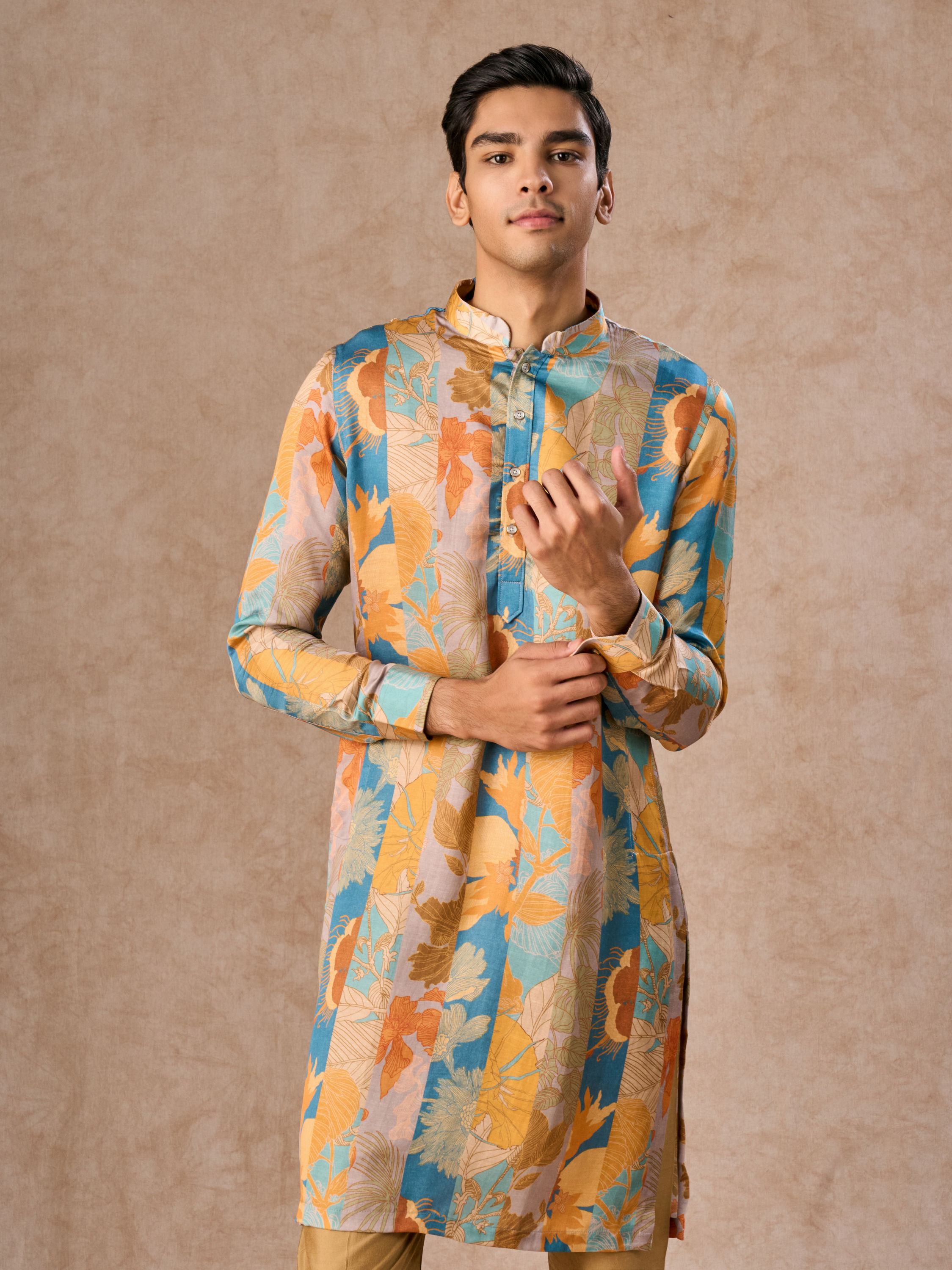 Manyavar Men Radiant Mustard Greyish Blue Satin Kurta