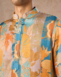 Manyavar Men Radiant Mustard Greyish Blue Satin Kurta