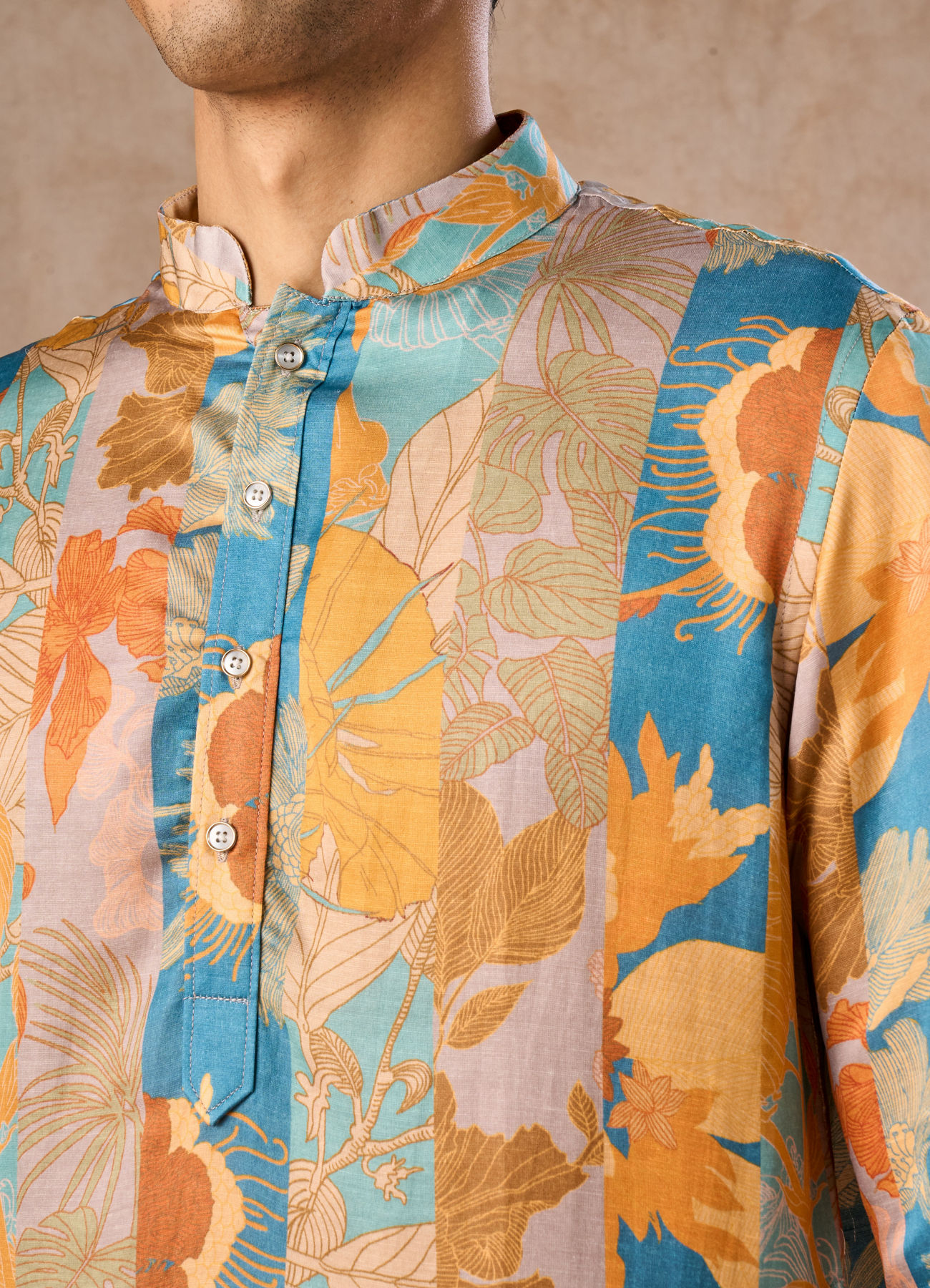 Manyavar Men Radiant Mustard Greyish Blue Satin Kurta