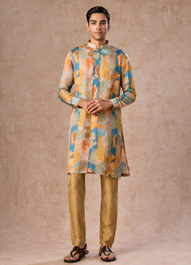 Manyavar Men Radiant Mustard Greyish Blue Satin Kurta