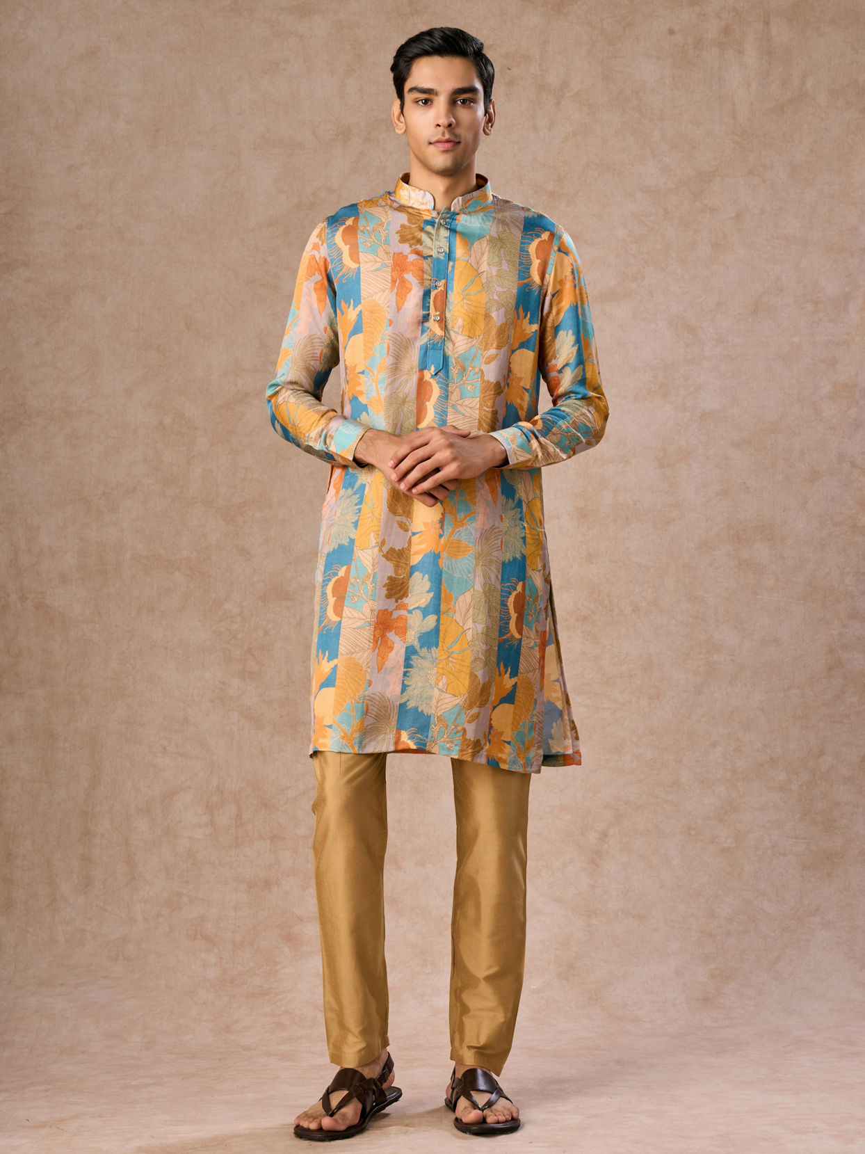 Manyavar Men Radiant Mustard Greyish Blue Satin Kurta