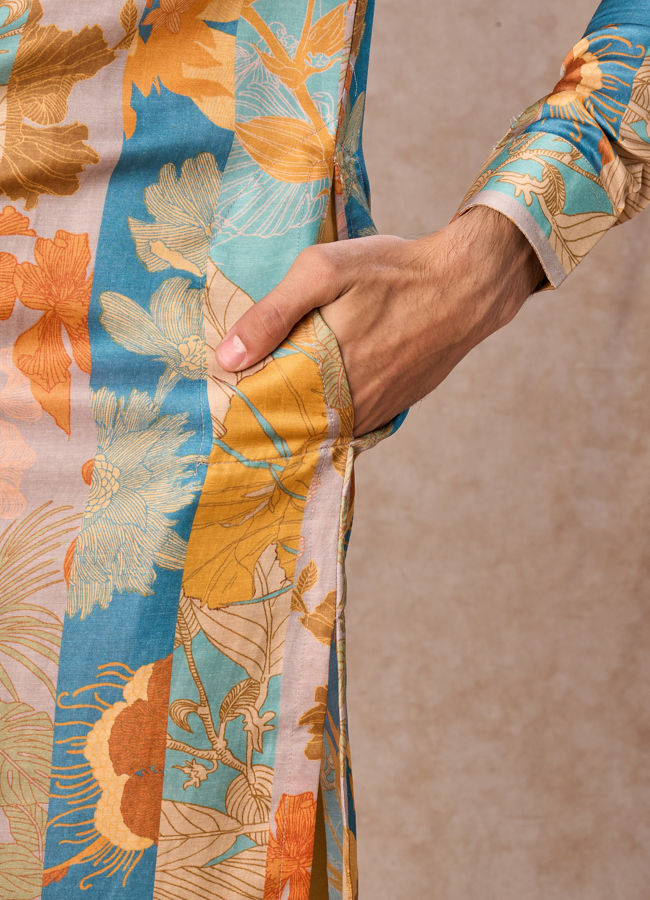 Manyavar Men Radiant Mustard Greyish Blue Satin Kurta