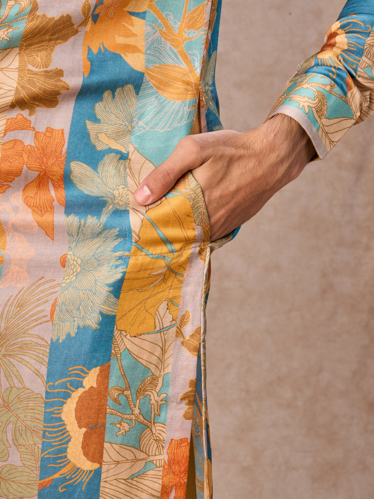 Manyavar Men Radiant Mustard Greyish Blue Satin Kurta