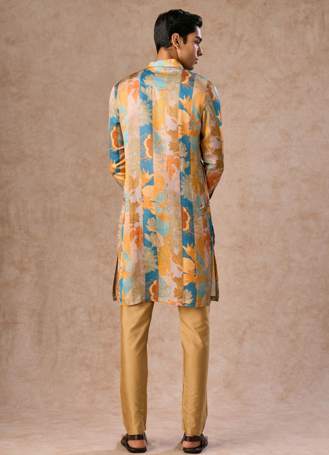 Manyavar Men Radiant Mustard Greyish Blue Satin Kurta