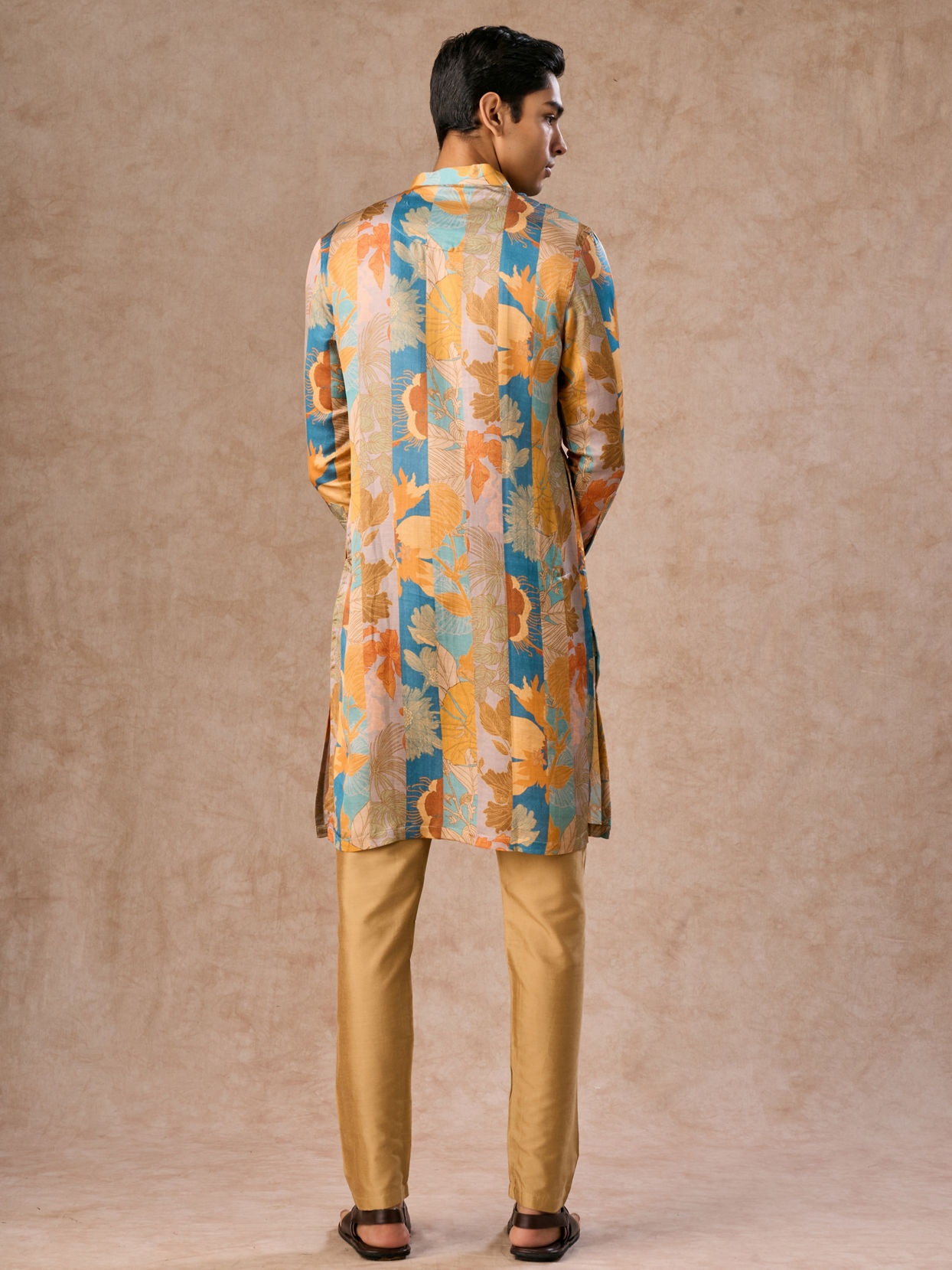 Manyavar Men Radiant Mustard Greyish Blue Satin Kurta