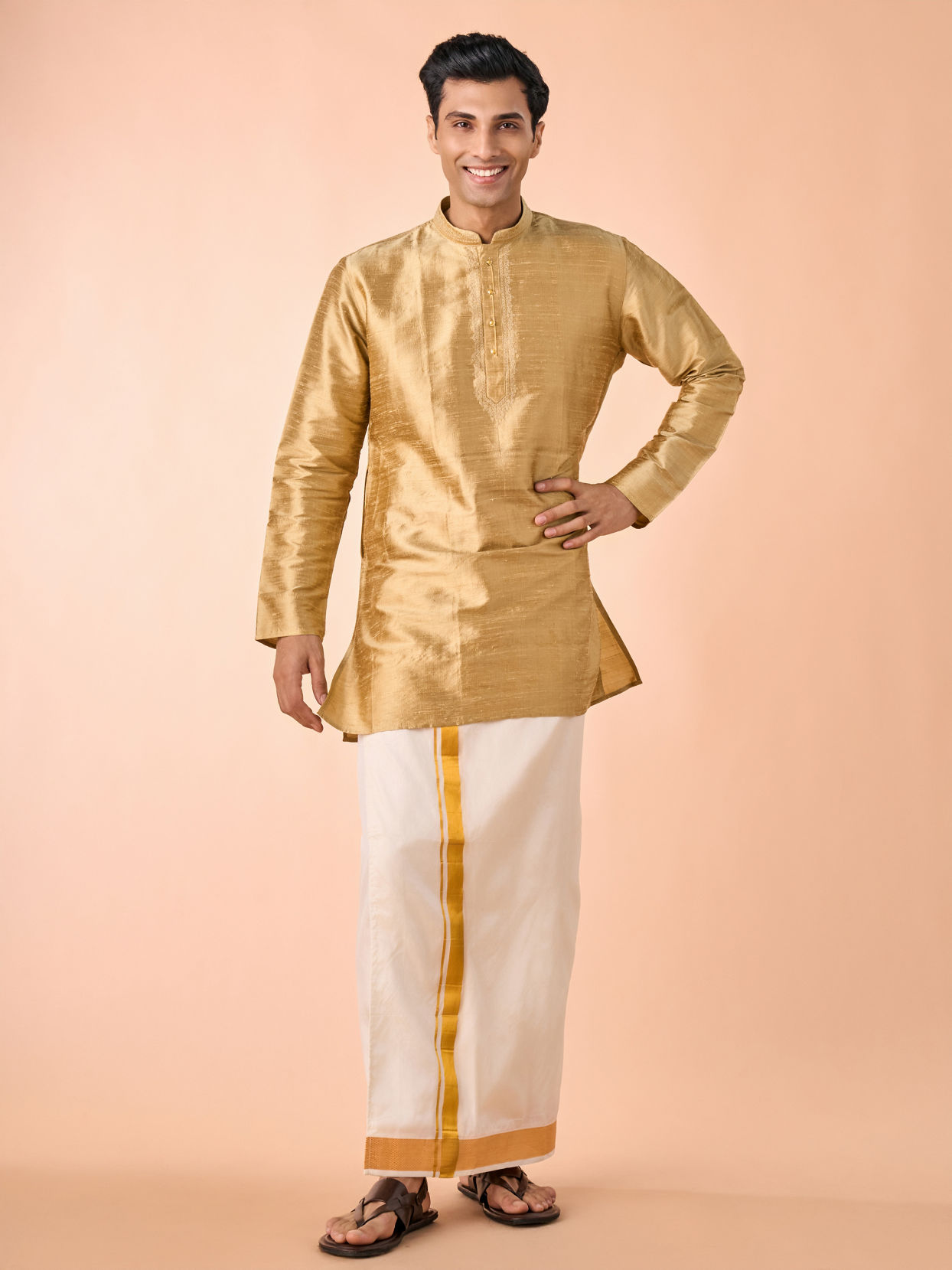 Manyavar Men Fawn Serenity Silk Kurta