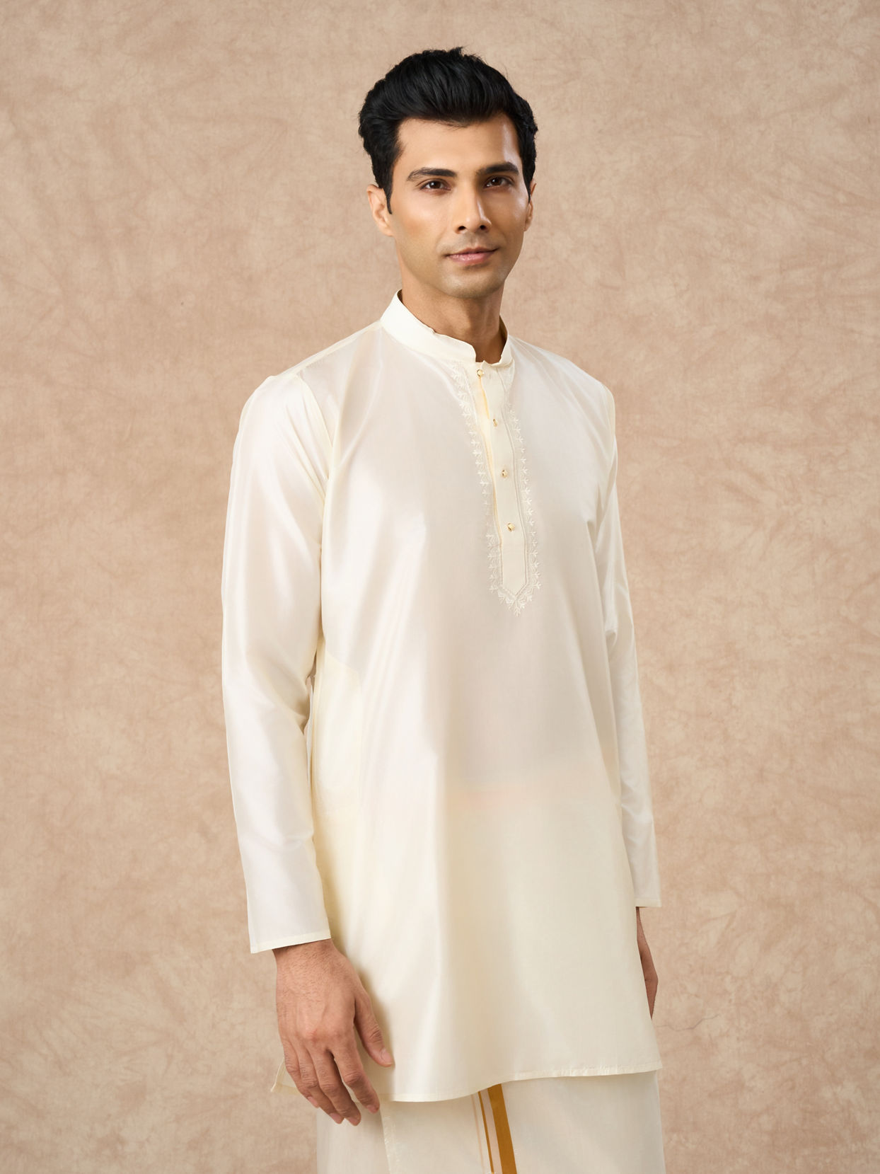 Manyavar Men Cream Silk Veshti Dhoti with Kurta