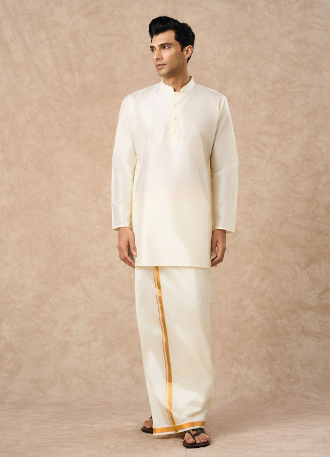 Manyavar Men Cream Silk Veshti Dhoti with Kurta