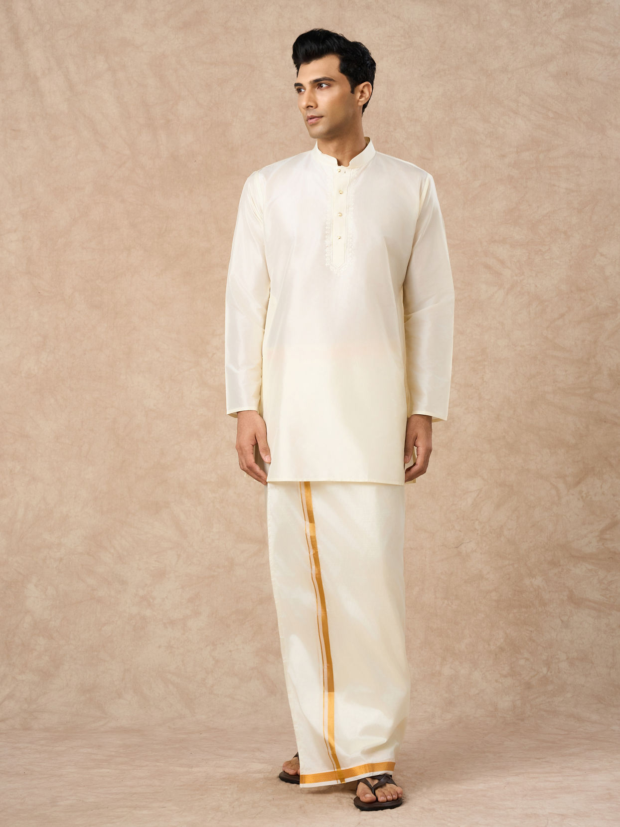 Manyavar Men Cream Silk Veshti Dhoti with Kurta