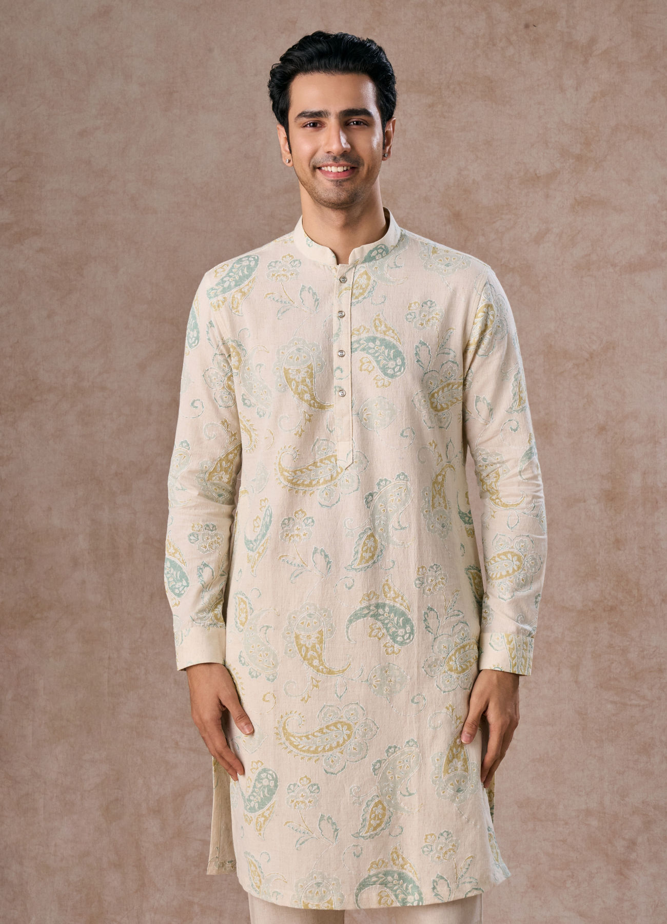 Manyavar Men Charming Cream Cotton Kurta