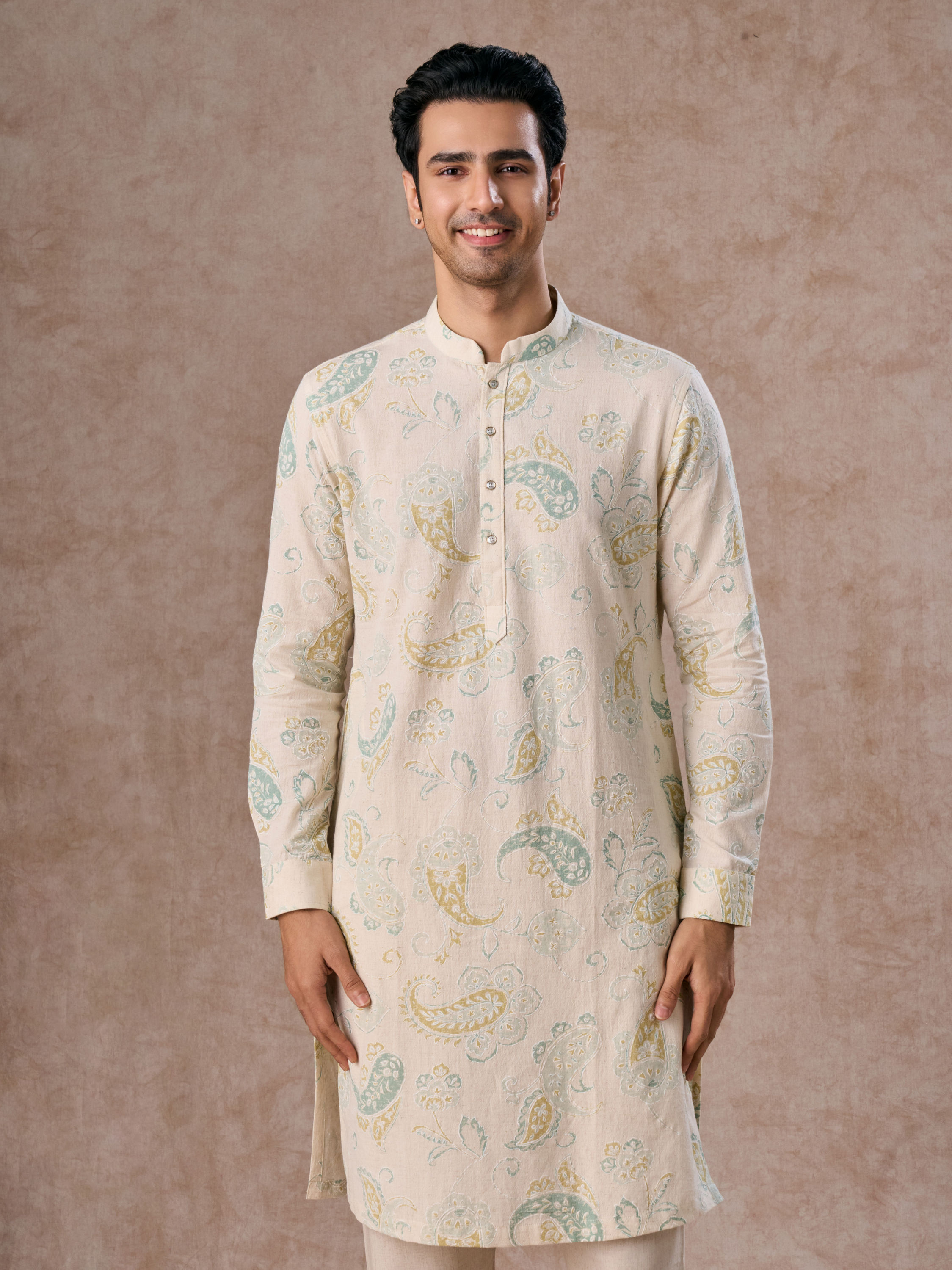 Manyavar Men Charming Cream Cotton Kurta