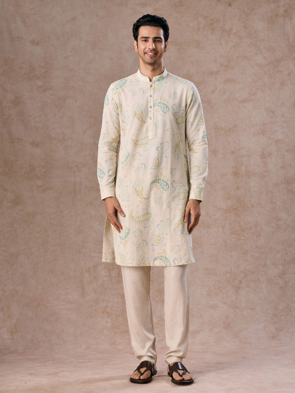Manyavar Men Charming Cream Cotton Kurta