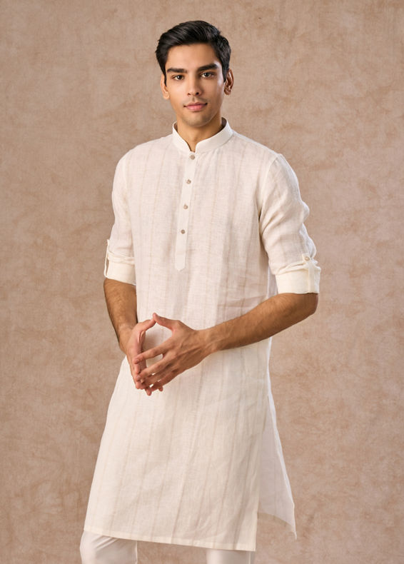 Manyavar Men Elegance Cream Linen Kurta