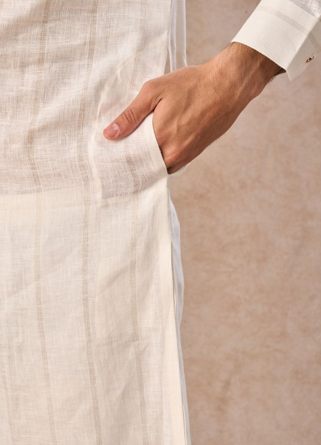 Manyavar Men Elegance Cream Linen Kurta