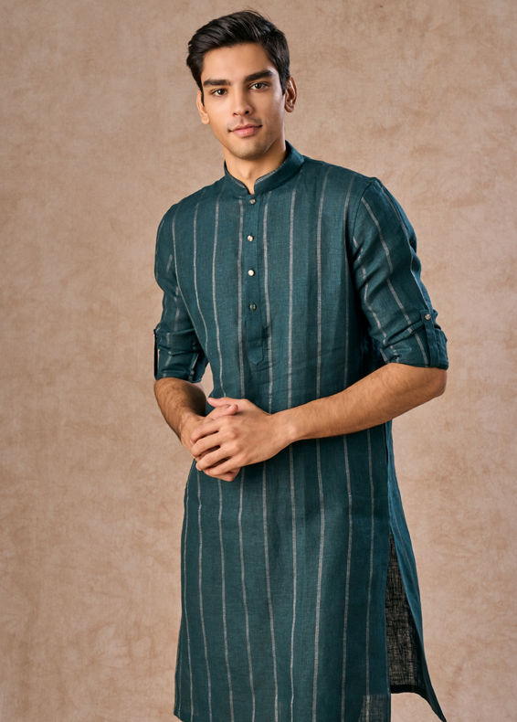 Manyavar Men Elegant Teal Blue Linen Kurta