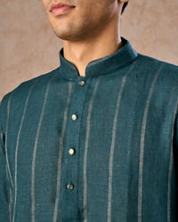 Manyavar Men Elegant Teal Blue Linen Kurta