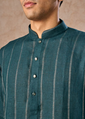 Manyavar Men Elegant Teal Blue Linen Kurta