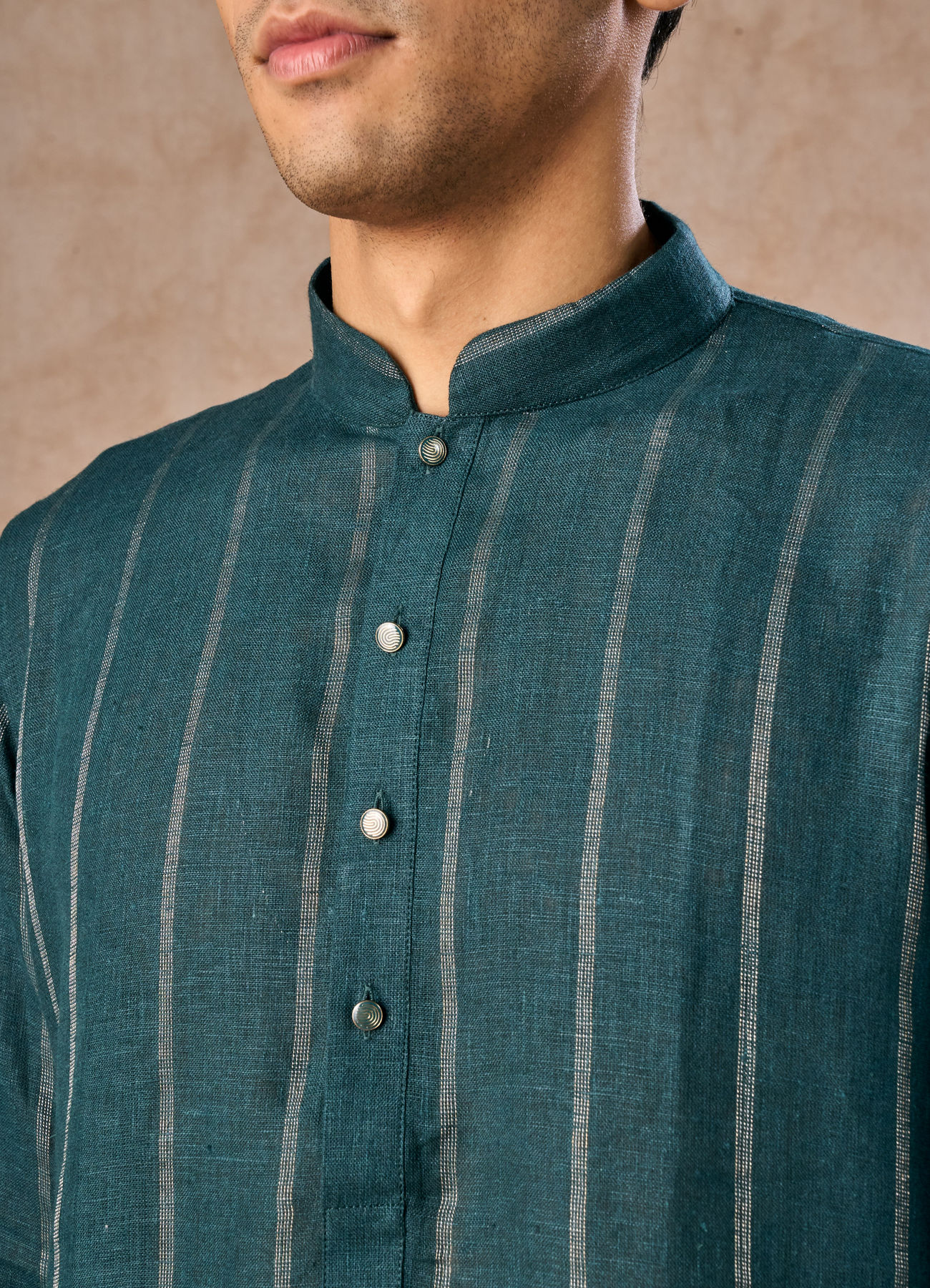 Manyavar Men Elegant Teal Blue Linen Kurta