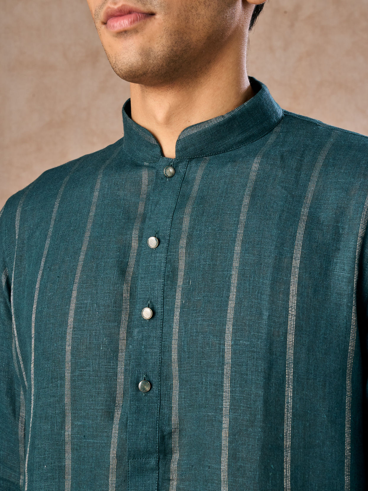 Manyavar Men Elegant Teal Blue Linen Kurta