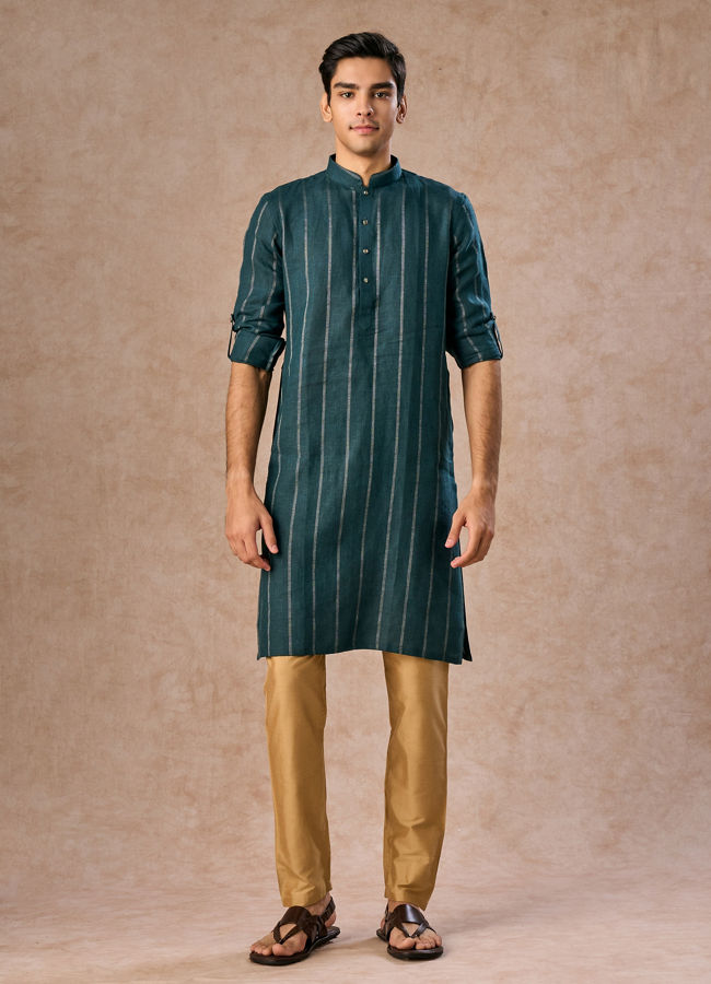 Manyavar Men Elegant Teal Blue Linen Kurta