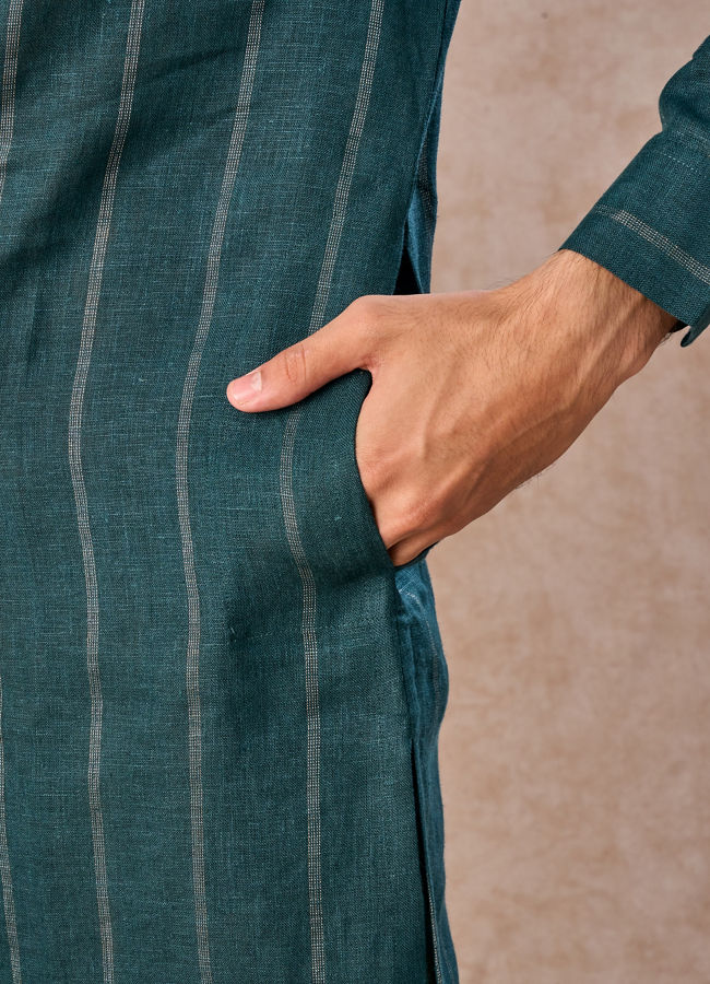 Manyavar Men Elegant Teal Blue Linen Kurta
